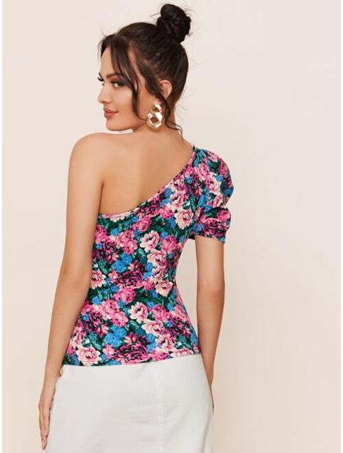 Shein One Shoulder Puff Sleeve Allover Floral Print Top