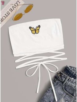 Butterfly Embroidery Criss Cross Tube Top
