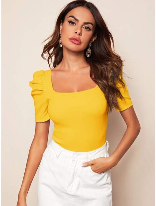 Shein Solid Square Neck Puff Sleeve Top