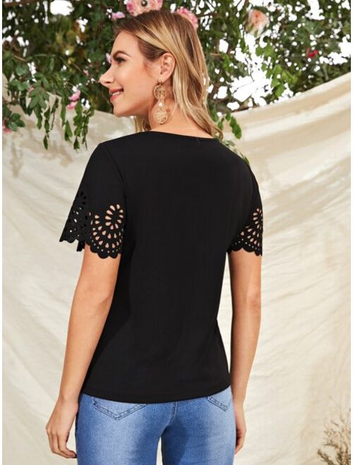 Shein Scallop Edge Laser Cut Sleeve Solid Top