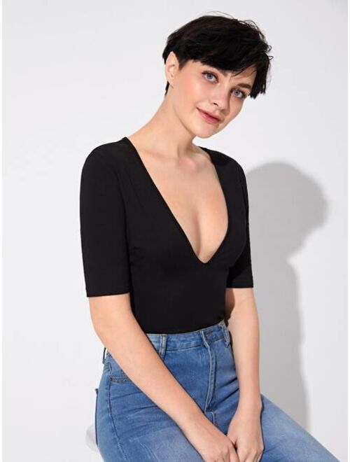 Shein Plunging Neck Solid Tee