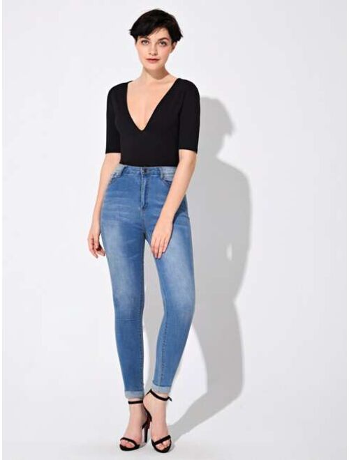 Shein Plunging Neck Solid Tee