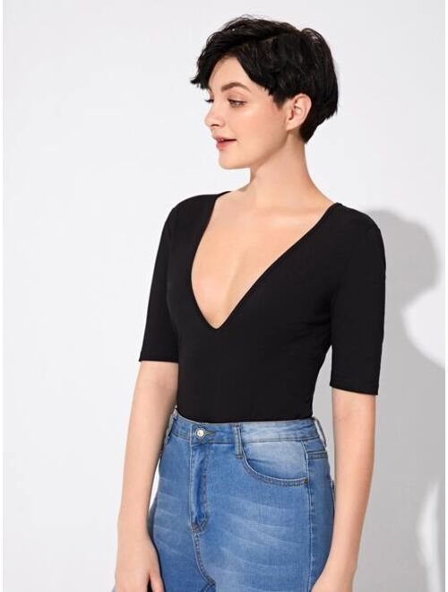 Shein Plunging Neck Solid Tee