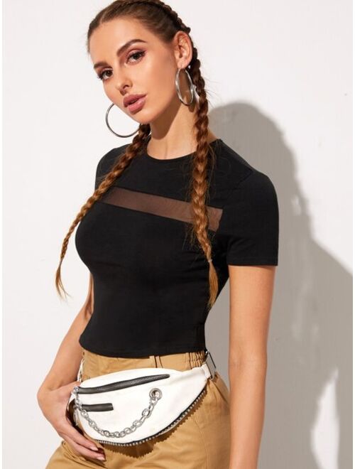 Shein Mesh Insert Crop Fitted Tee
