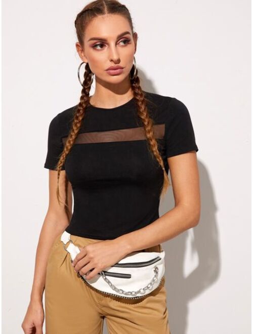 Shein Mesh Insert Crop Fitted Tee