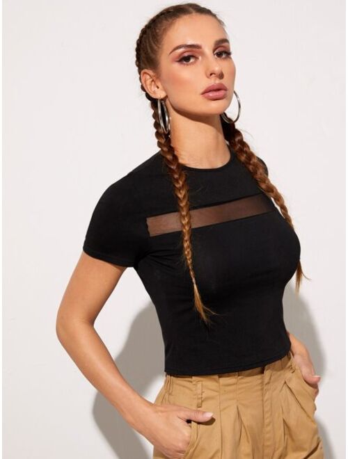 Shein Mesh Insert Crop Fitted Tee