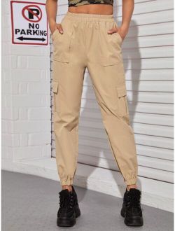 Flap Pocket Side Elastic Waist Cargo Pants