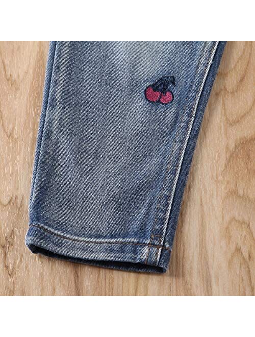 Gdraco Kids Little Girls Elastic Waist Cherry Embroidery Denim Pants Jeans