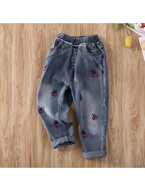Gdraco Kids Little Girls Elastic Waist Cherry Embroidery Denim Pants Jeans
