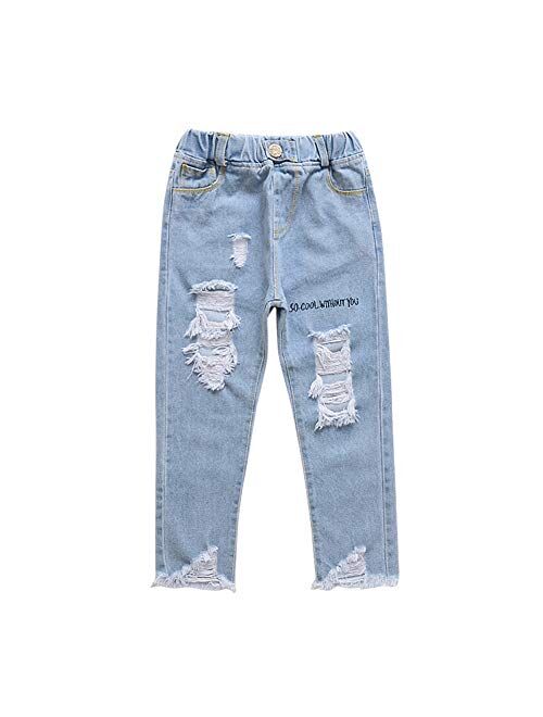 Digirlsor Girls Ripped Jeans Toddler Kids Cool Denim Pants with Holes Elastic Waist Casual Trousers, 4-12 Years