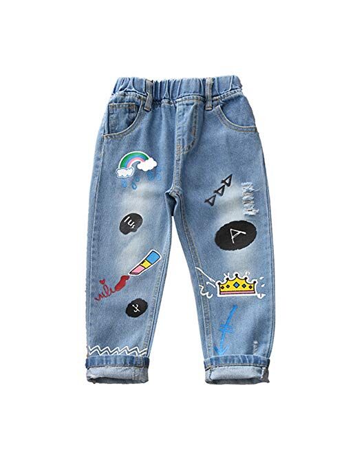 Digirlsor Toddler Girl Cartoon Graffiti Ripped Jeans with Holes Kids Girls Elastic Waist Denim Pants Trousers,2-8Y