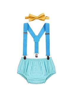 Baby Boys Cake Smash Outfit First Birthday Bloomers Bowtie Suspenders Clothes set