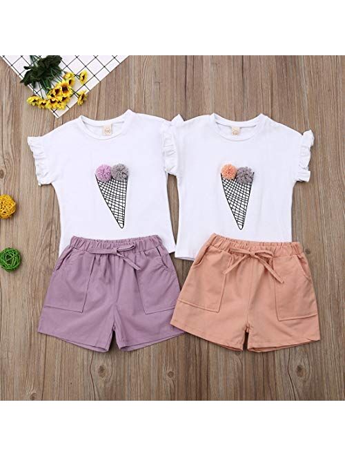 Girls Ruffle Flower T-Shirt and Pink Pocket Shorts Clothing Set Outfit Clothes