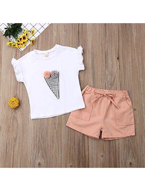 Girls Ruffle Flower T-Shirt and Pink Pocket Shorts Clothing Set Outfit Clothes