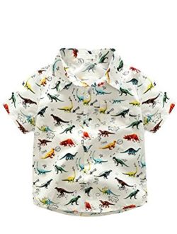 Abolai Boys' Short Sleeve One Pocket Dinosaur Pattern Woven Shirt