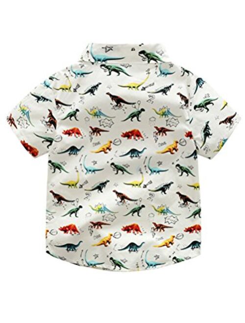 Abolai Boys' Short Sleeve One Pocket Dinosaur Pattern Woven Shirt