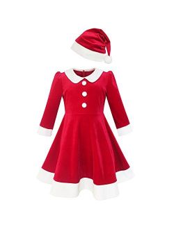 Girls Dress Christmas Hat Red Velvet Long Sleeve Holiday Size 4-14