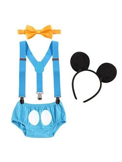 Baby Boys First Birthday 1st/2nd/3rd Costume Cake Smash Outfits Y Back Suspenders Bloomers Bowtie Set Mouse Ear