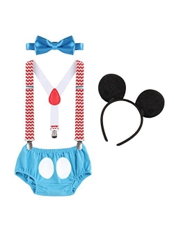 Baby Boys First Birthday 1st/2nd/3rd Costume Cake Smash Outfits Y Back Suspenders Bloomers Bowtie Set Mouse Ear