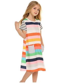 Zaclotre Girls Summer Dresses Short-Sleeve Pocket Striped Printed T-Shirt Dress for 3-9 Years Toddler & Kids