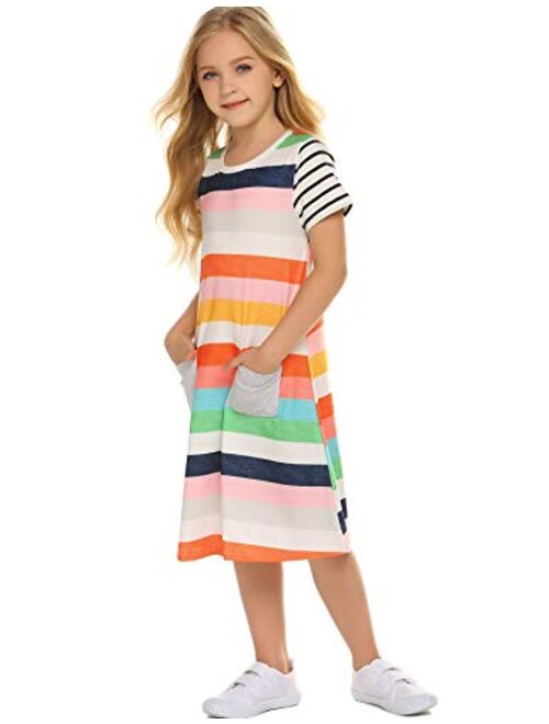 Zaclotre Girls Summer Dresses Short-Sleeve Pocket Striped Printed T-Shirt Dress for 3-9 Years Toddler & Kids