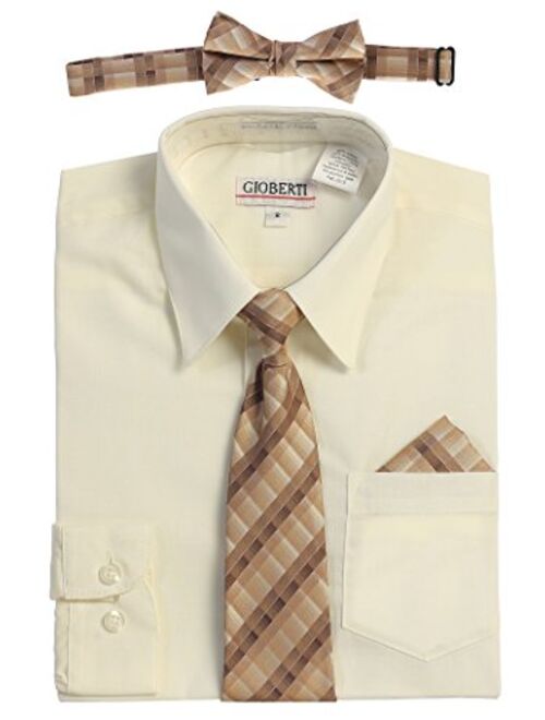 Gioberti Boy's Long Sleeve Dress Shirt + Plaid Tie, Bow Tie and Hanky