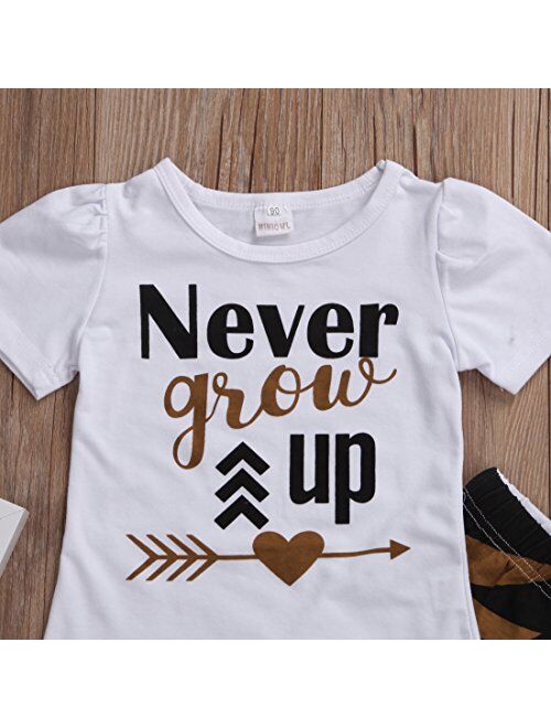 Baby Little Girls Summer Short Sleeve Never Grow Up T-Shirt and Maple Leaves Pants Outfit
