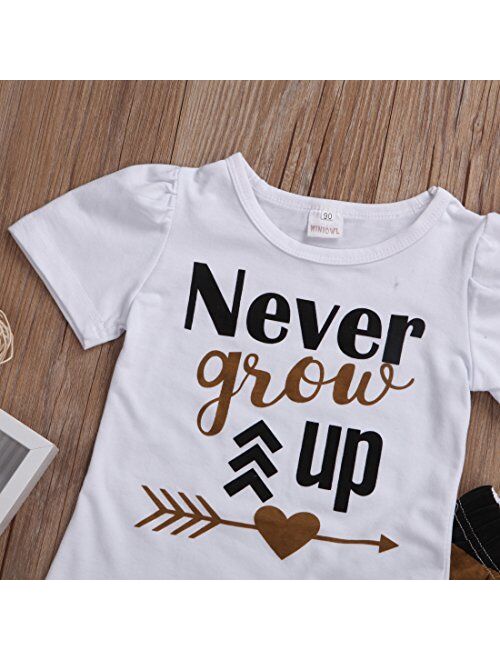 Baby Little Girls Summer Short Sleeve Never Grow Up T-Shirt and Maple Leaves Pants Outfit