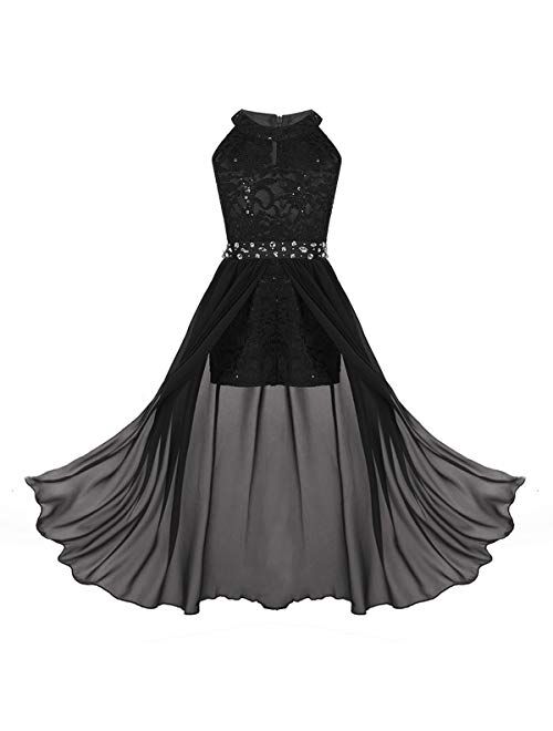 YONGHS Kids Girls Wedding Dress Flower Girls Dress Sleeveless Floral Lace Rhinestone Maxi Romper Evening Gown Dance Wear