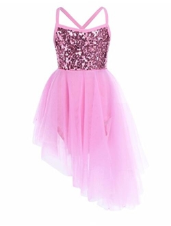 YiZYiF Girl's Ballerina Camisole Sequined Dancing Lyrical Dress Asymmetric Skirt Dancewear