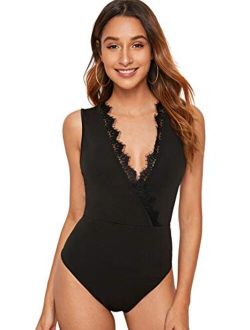 DIDK Women's Sexy Contrast Lace Solid Bodysuit