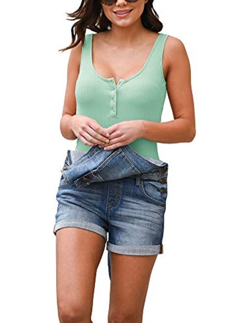 INFITTY Womens Sexy Backless Bodysuits Tops Slim Fit Short Sleeve Button Down Shirts
