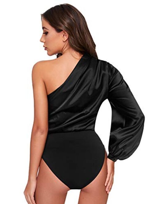SOLY HUX Women's One Shoulder Long Sleeve High Waist Satin Bodysuit Leotard