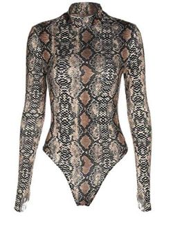 Sorrica Womens Sexy Long Sleeve Snake Skin Print Bodysuit Jumpsuit Mock Neck Stretchy Leotard Tops Clubwear (US.0-2, Snake Print 1)