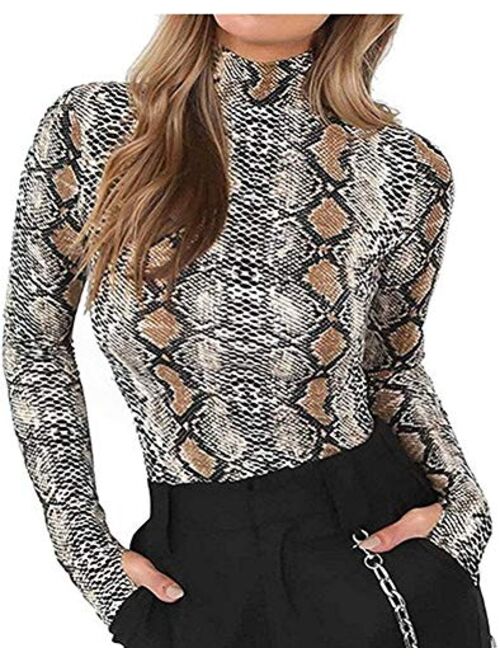 Sorrica Womens Sexy Long Sleeve Snake Skin Print Bodysuit Jumpsuit Mock Neck Stretchy Leotard Tops Clubwear (US.0-2, Snake Print 1)