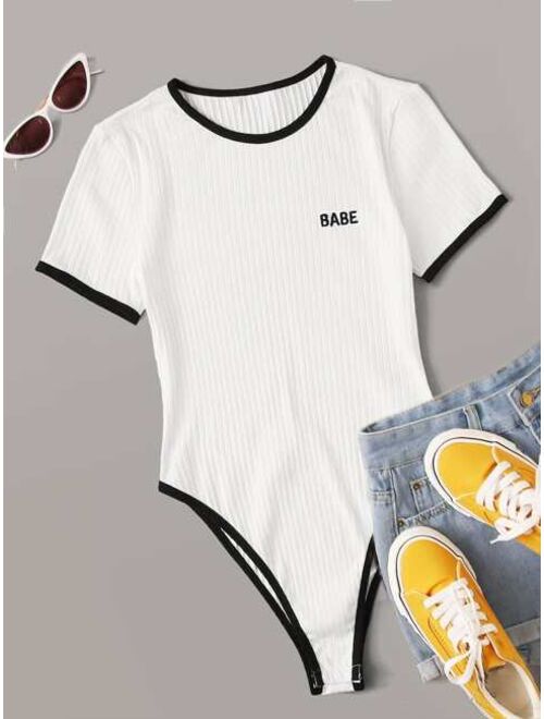 Shein Embroidered Letter Rib-knit Ringer Bodysuit