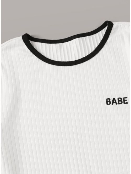 Shein Embroidered Letter Rib-knit Ringer Bodysuit