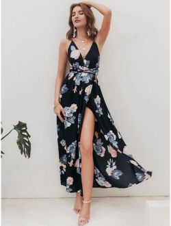 Simplee Lace Up Backless Wrap Floral Dress