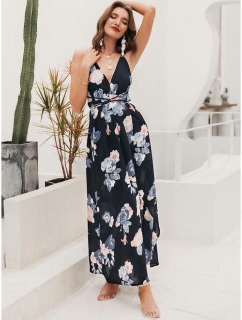 Shein Simplee Lace Up Backless Wrap Floral Dress