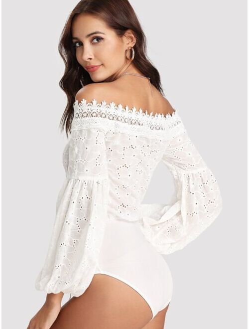 Shein Lace Trim Plunging Eyelet Embroidered Bodysuit