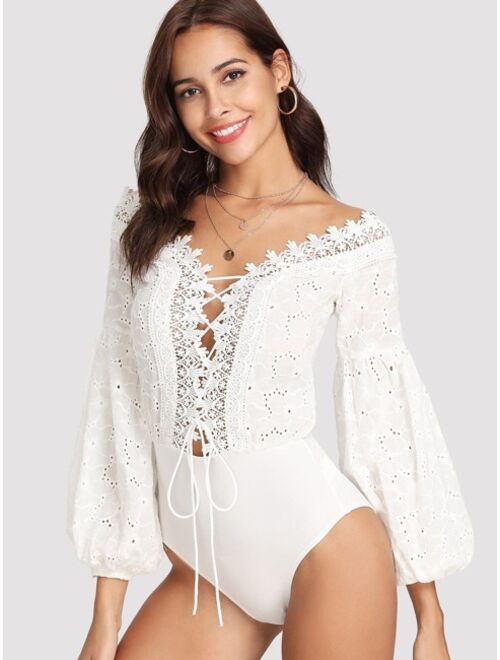 Shein Lace Trim Plunging Eyelet Embroidered Bodysuit