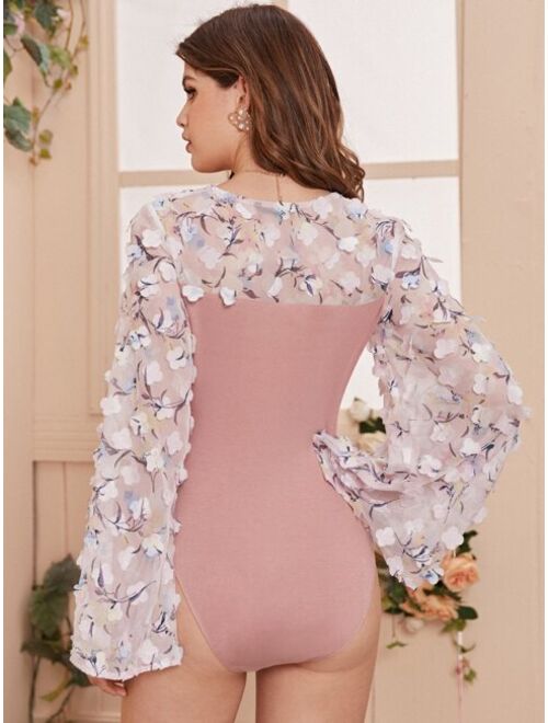 Shein Flower Applique Bell Sleeve Bodysuit