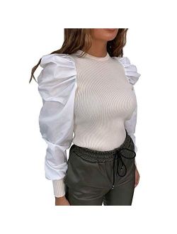 IyMoo Peplum Tops for Women - Pullover Sweaters Long Sleeve Bodysuit Round Neck Puff Sleeve Elegant Blouse