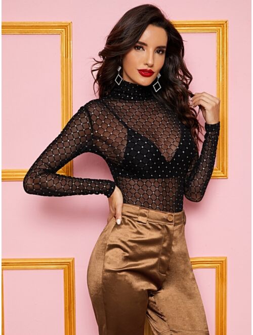 Shein High Neck Sheer Mesh Overlay Bodysuit Without Lingerie