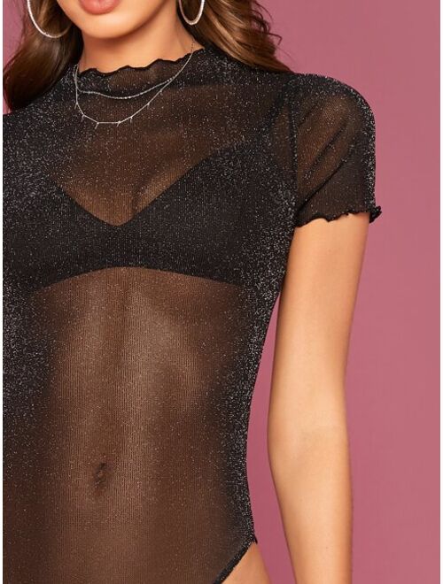 Shein Lettuce Edge Fitted Mesh Glitter Bodysuit Without Bra