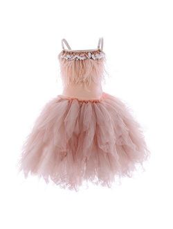 OBEEII Little Girl Swan Princess Feather Fringes Tutu Dress Pageant Party Wedding Dance Formal Birthday Short Tiered Gown