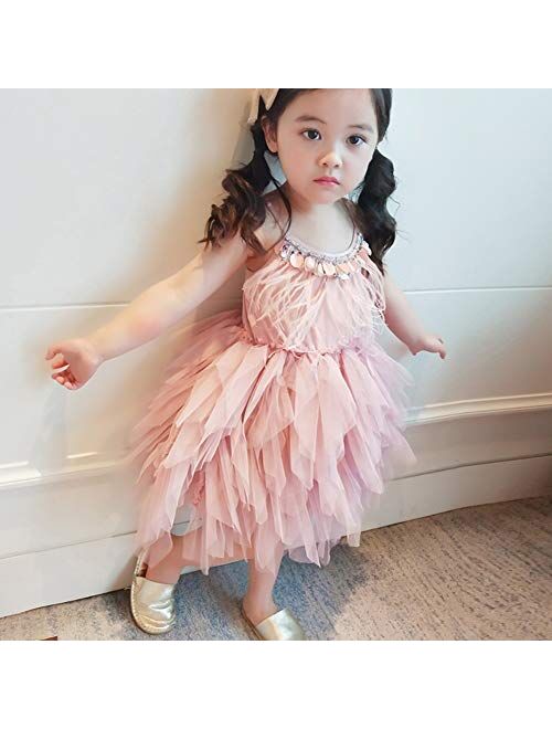 OBEEII Little Girl Swan Princess Feather Fringes Tutu Dress Pageant Party Wedding Dance Formal Birthday Short Tiered Gown