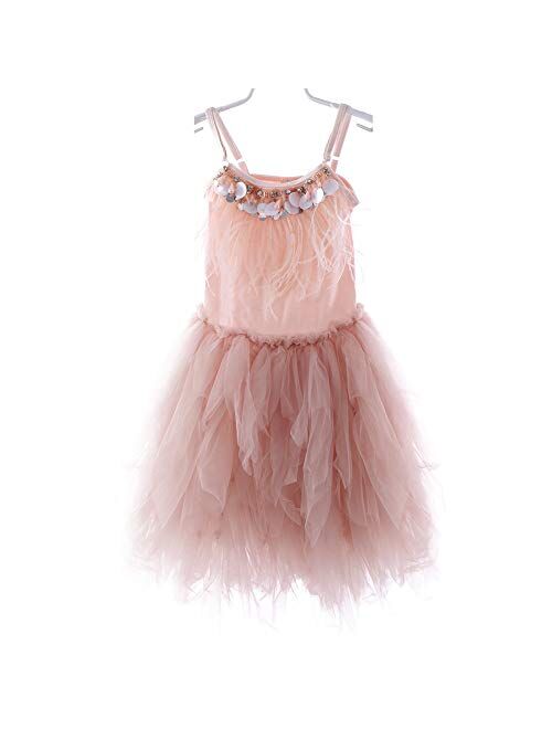 OBEEII Little Girl Swan Princess Feather Fringes Tutu Dress Pageant Party Wedding Dance Formal Birthday Short Tiered Gown