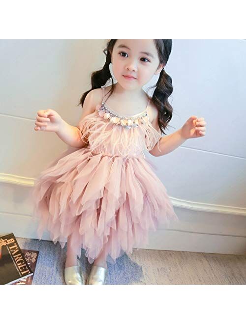 OBEEII Little Girl Swan Princess Feather Fringes Tutu Dress Pageant Party Wedding Dance Formal Birthday Short Tiered Gown