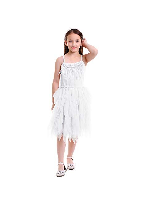 OBEEII Little Girl Swan Princess Feather Fringes Tutu Dress Pageant Party Wedding Dance Formal Birthday Short Tiered Gown 